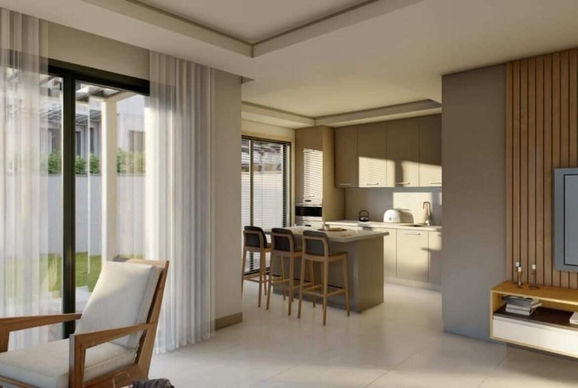 Luxurious detached villa interior featuring spacious living area and modern kitchen in Bodrum Gundog.