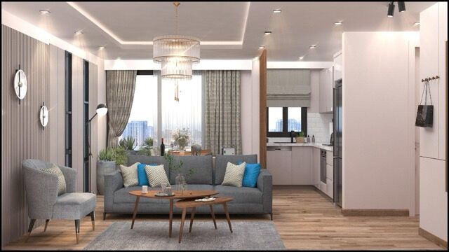 Modern luxury apartments in Mersin featuring a spacious living room and pool access.