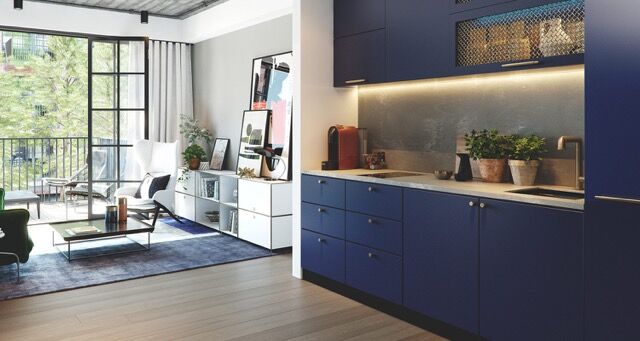Modern apartment interior with large windows overlooking the river, stylish furniture, and contempor.