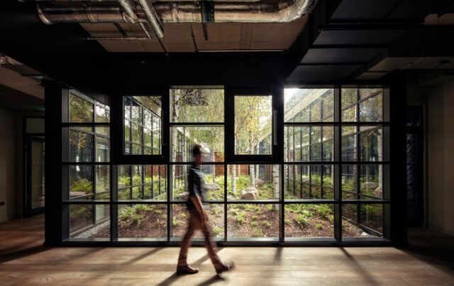 Bright interior with large glass windows overlooking lush outdoor space.