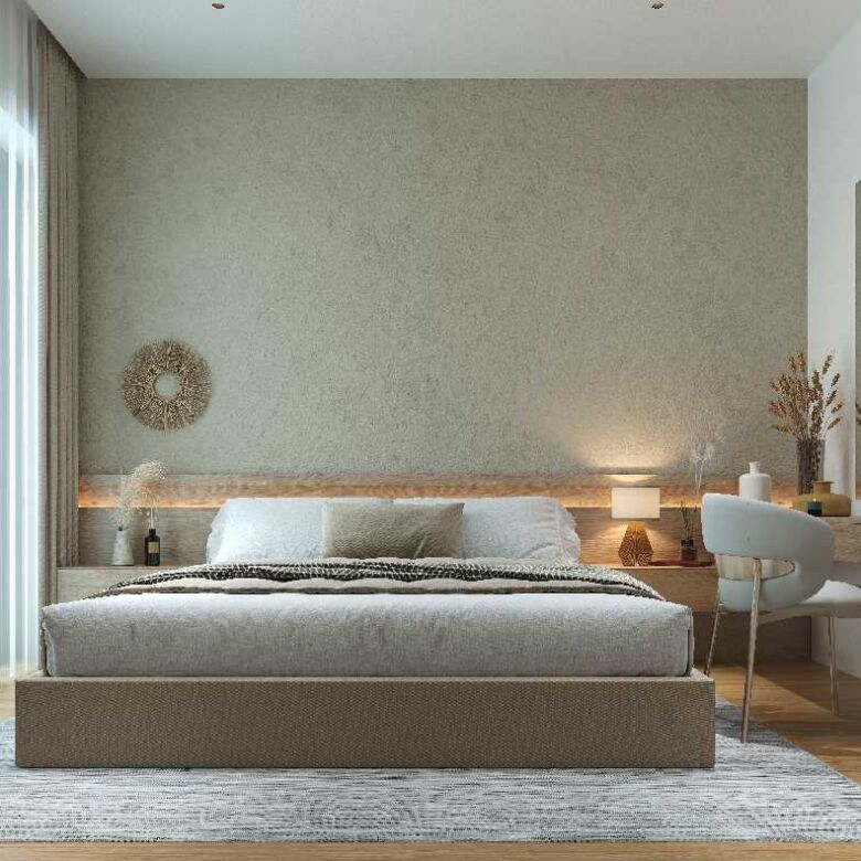 Sea view bedroom in Bodrum gated complex with pool and contemporary decor.