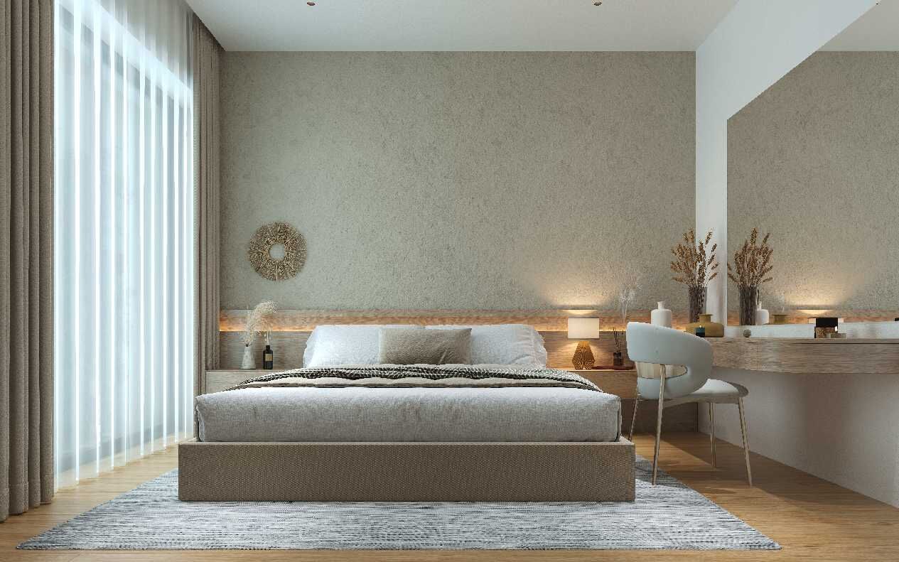 Sea view bedroom in Bodrum gated complex with pool and contemporary decor.