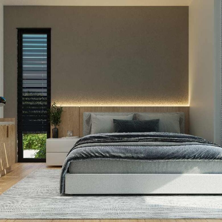 Modern bedroom with sea view in a gated complex with pool in Bodrum.