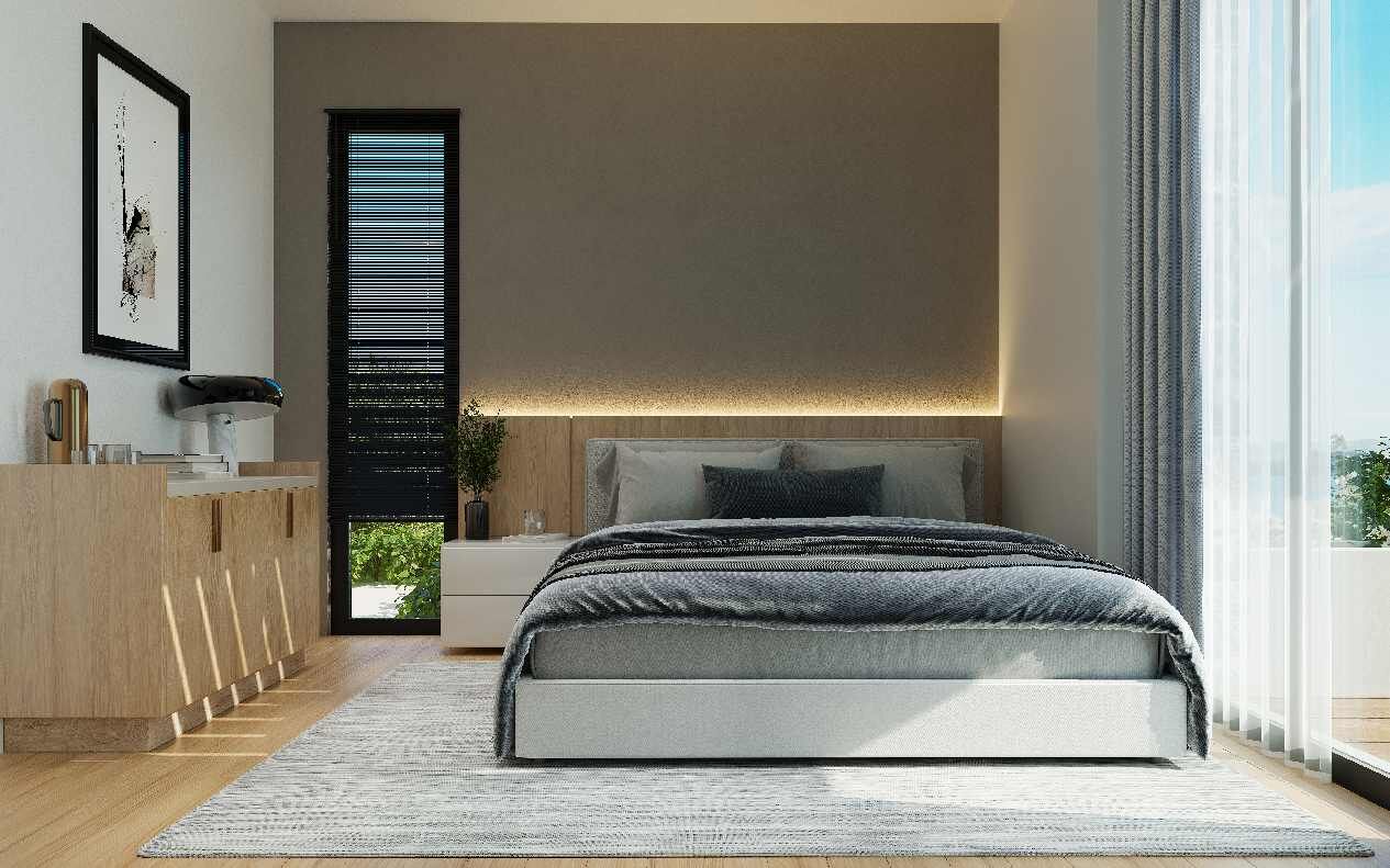Modern bedroom with sea view in a gated complex with pool in Bodrum.