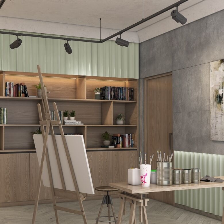 Stylish interior of a Dubai island home with contemporary decor and creative workspace.