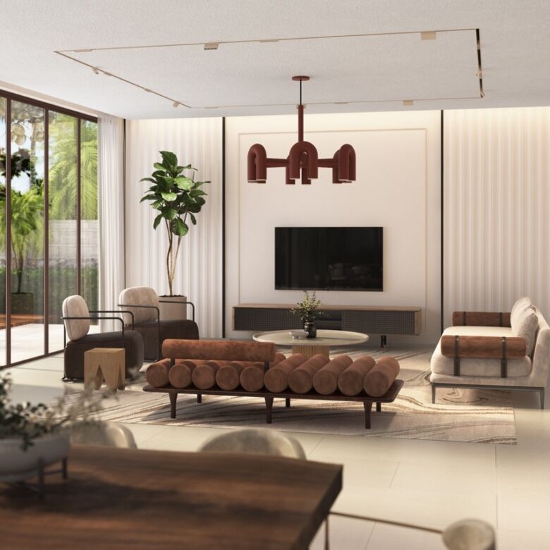 Elegant Dubai interior with contemporary furniture and lush greenery.