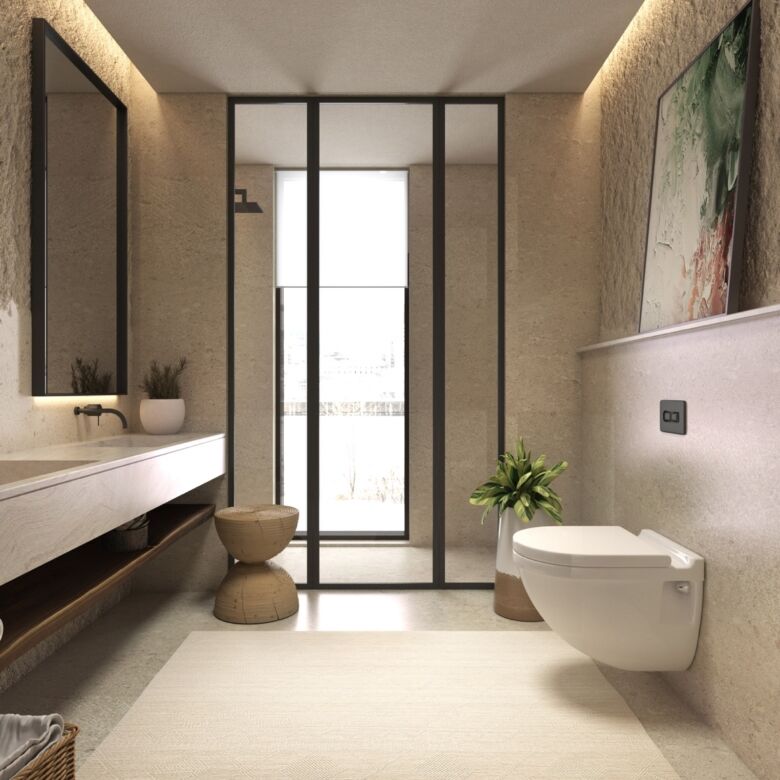 Modern bathroom with Ibiza-inspired decor in Dubai townhouse. Features minimalist design, natural to.