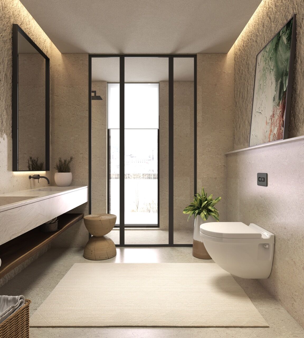Elegant bathroom featuring contemporary fixtures and a serene ambiance.