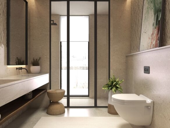 Luxurious bathroom featuring sleek fixtures, large window, and contemporary decor.