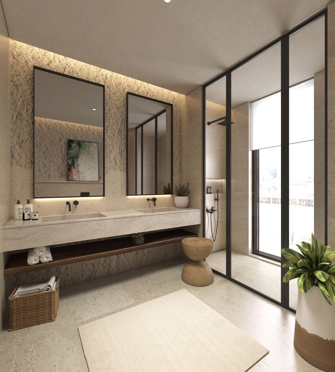 Luxury Dubai apartment bathroom with double sinks and glass shower.