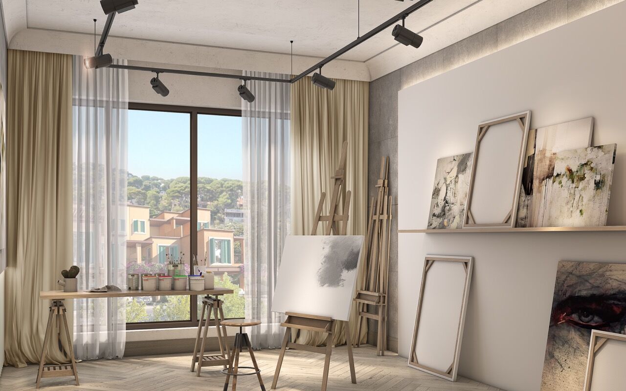 Beautiful interior of Dubai townhouses with large windows and artistic decor.