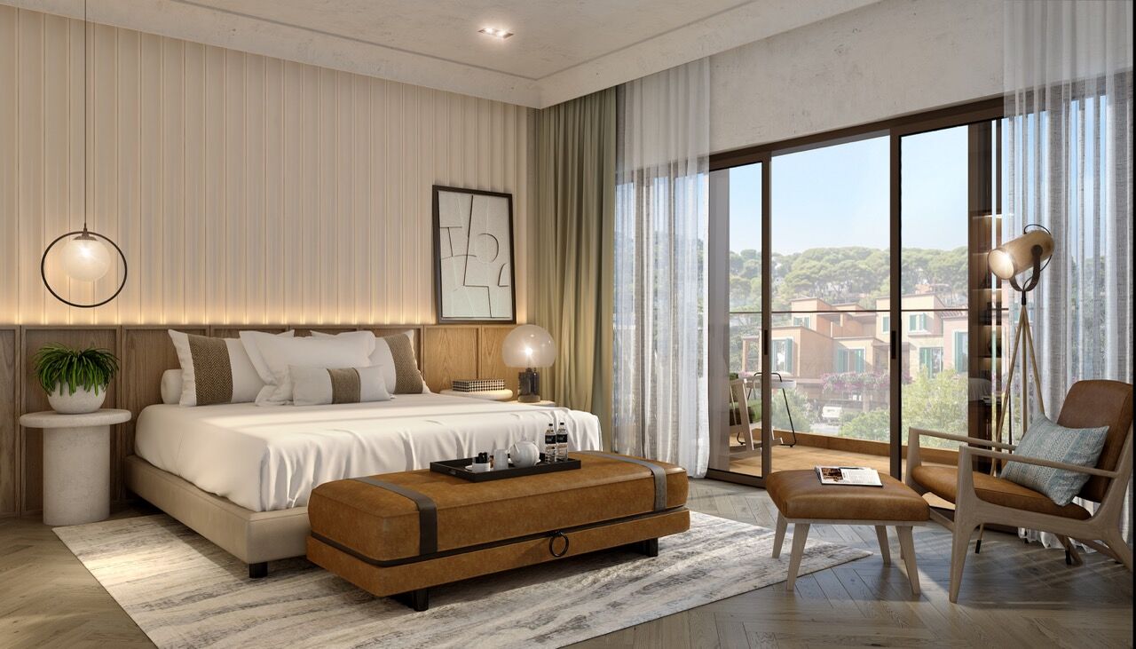 Elegant bedroom with contemporary decor and scenic views of Dubai's island landscape.