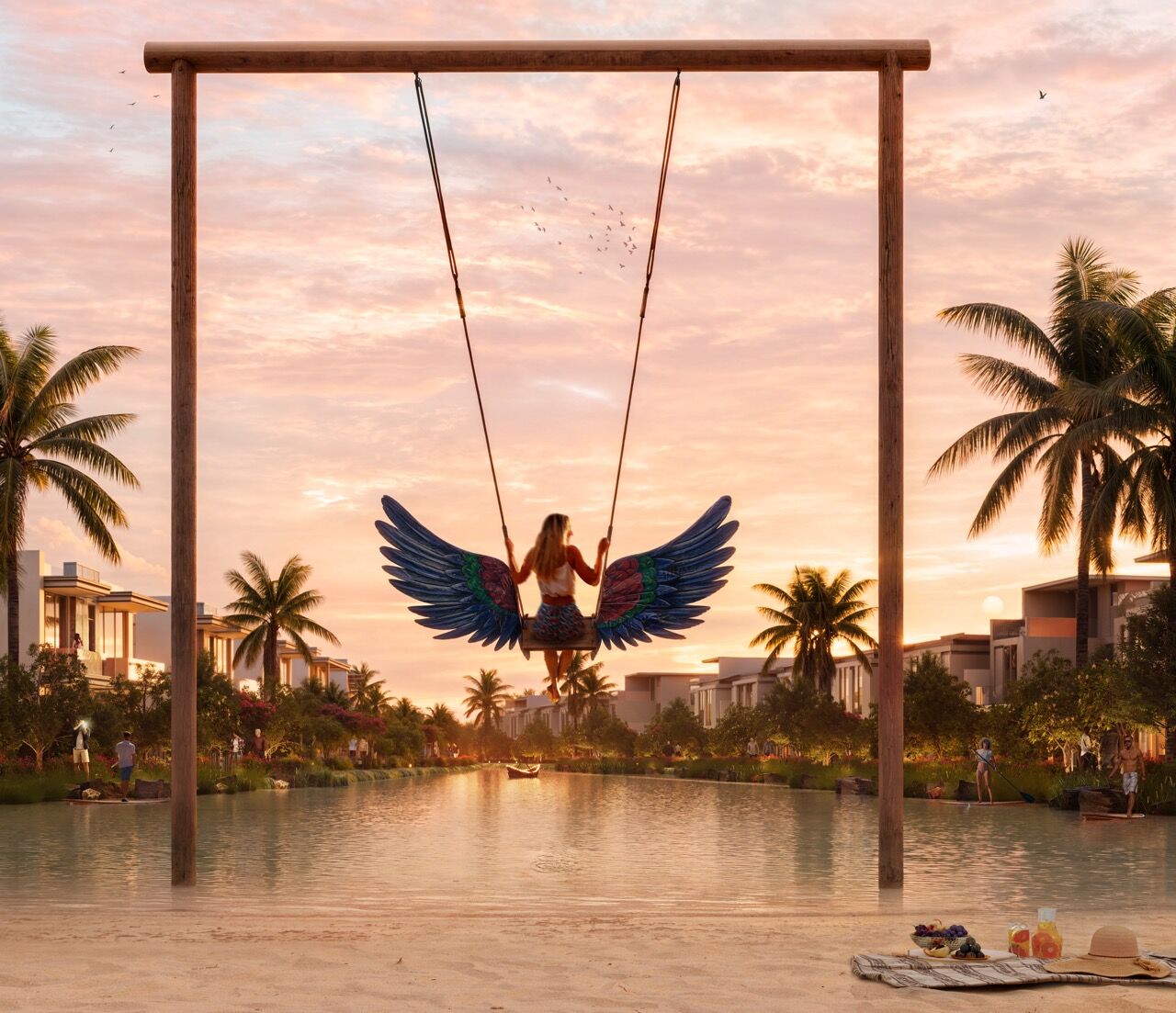 Luxury Dubai island resort with a swing over water at sunset. Luxury Dubai island resort with a swing over water at sunset.