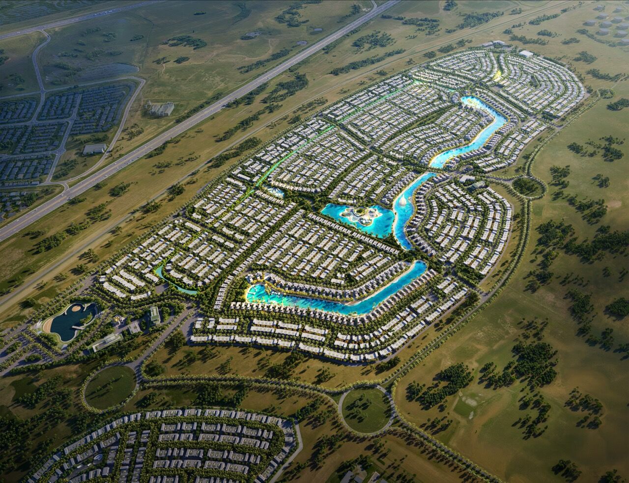Luxury Dubai Island Community Aerial view of a luxurious island community in Dubai with waterways and modern villas.