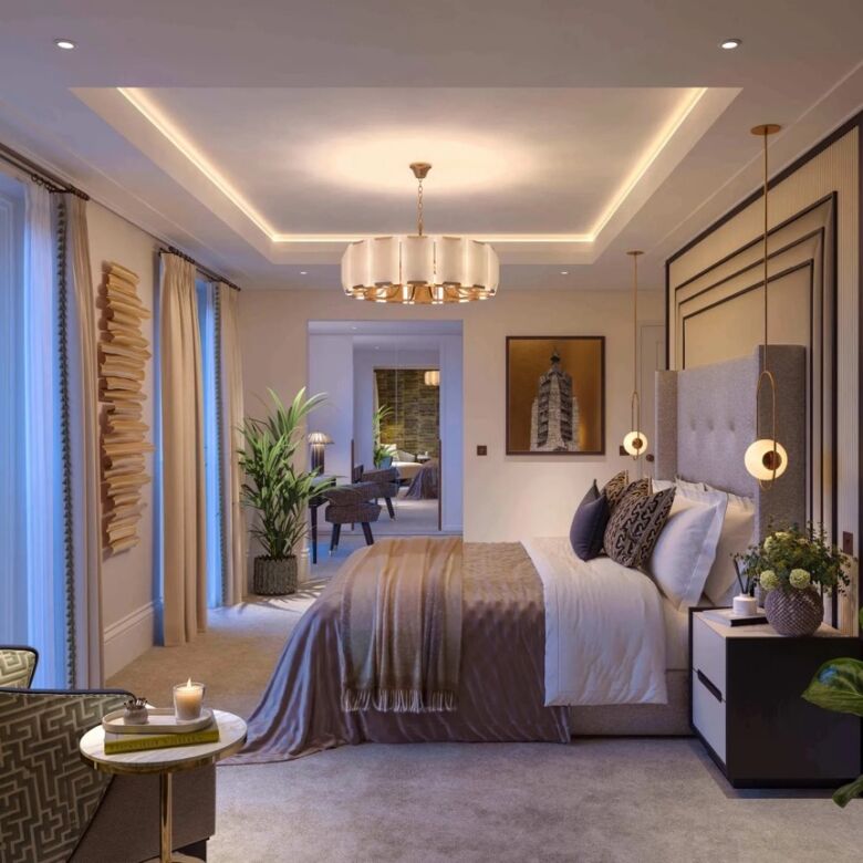Elegant bedroom in Fulham townhouse with large windows and scenic river views.