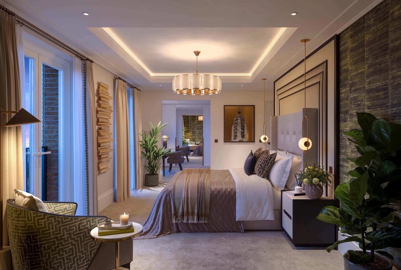 Elegant townhouse bedroom with modern decor and large windows overlooking the river. Perfect for lux.