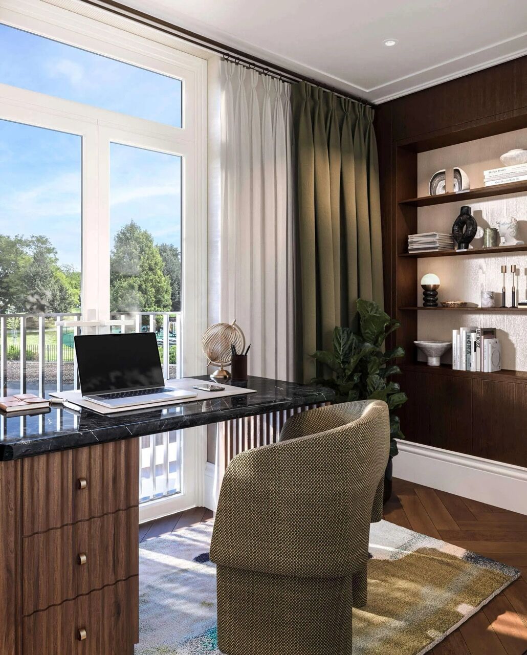 Modern home office with large window overlooking the river and greenery.