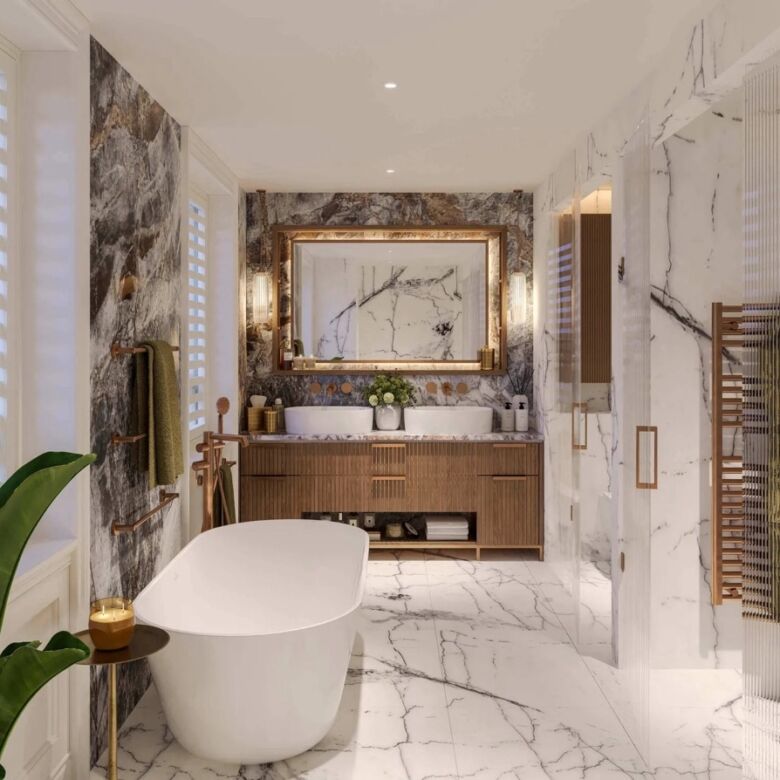 Elegant bathroom with marble finishes and modern fixtures in Fulham.