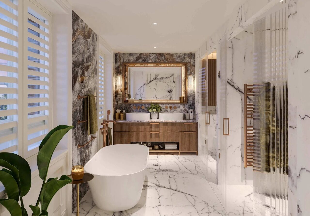 Elegant bathroom with marble finishes and modern fixtures in Fulham.