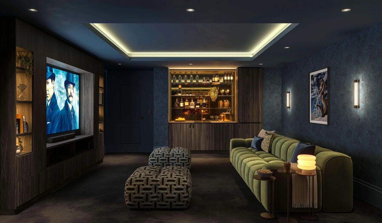 Modern townhouse living room with stylish furniture, ambient lighting, and a home theater setup.