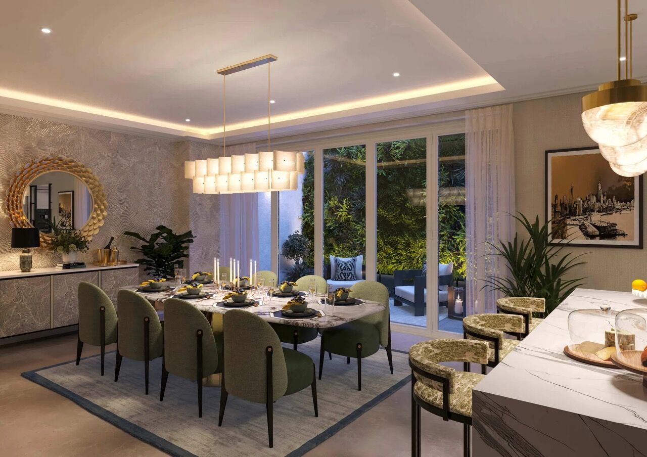 Elegant dining room in a luxury townhouse with large windows and modern decor.