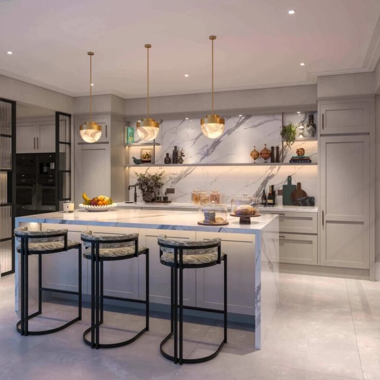 Modern kitchen with sleek cabinetry and marble accents, perfect for luxury living in Fulham.