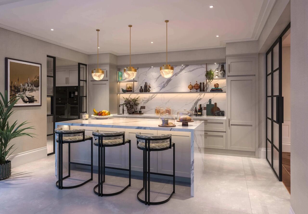 Modern kitchen with sleek cabinetry and marble accents.