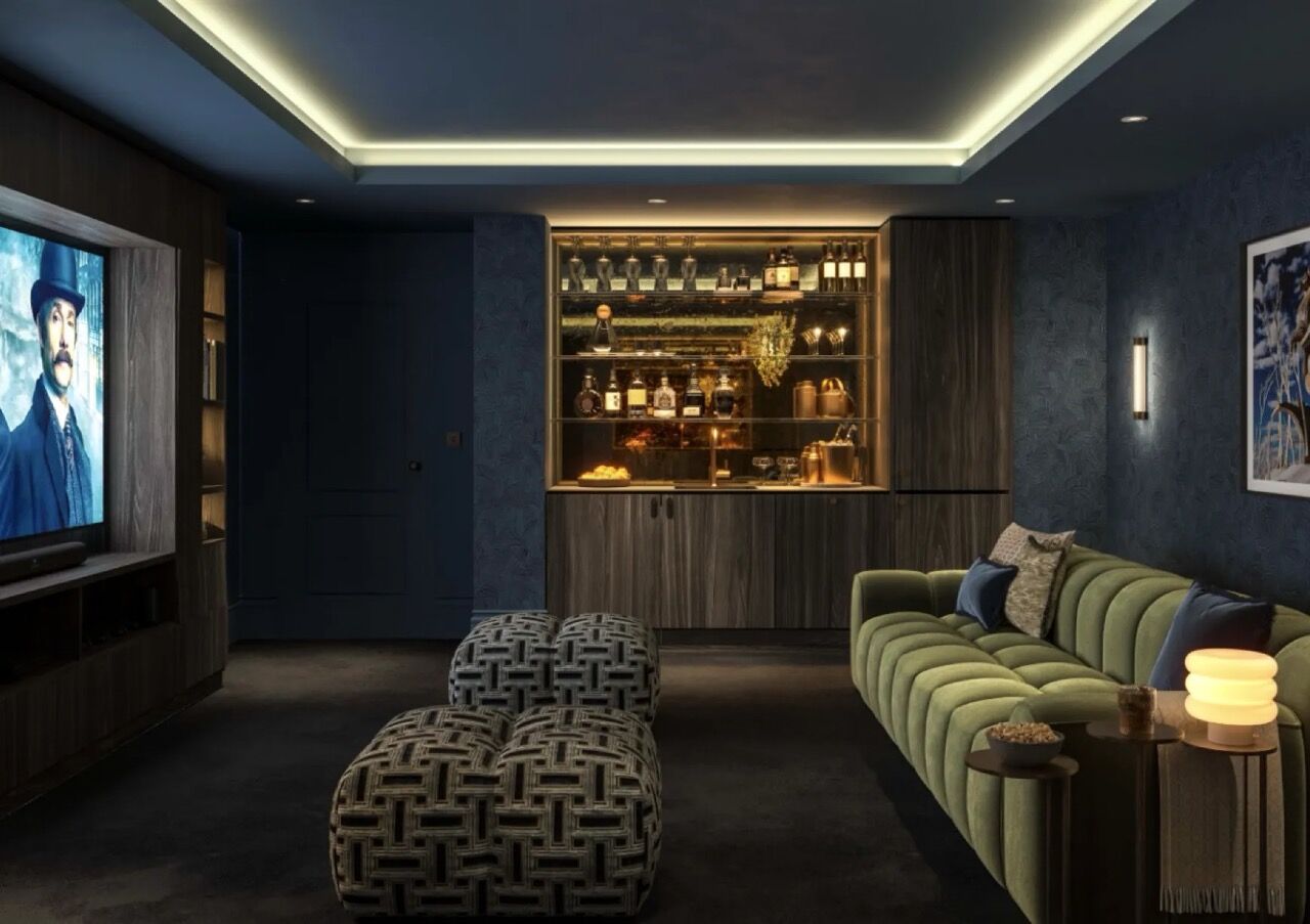 Modern home bar with ambient lighting and stylish seating.