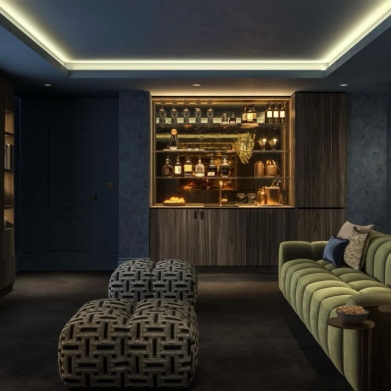 Elegant home bar with modern lighting and stylish seating.