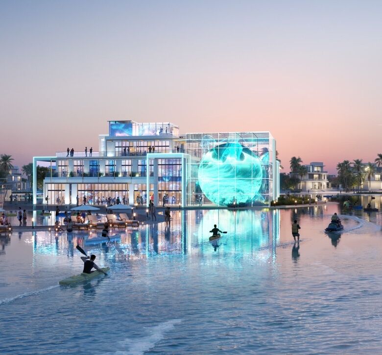 Modern luxury resort on a private island in Dubai with pools and water activities.