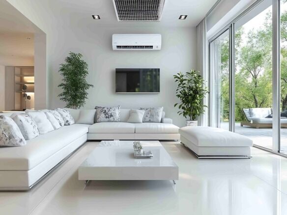 Air-conditioned living room with large windows and greenery outside.