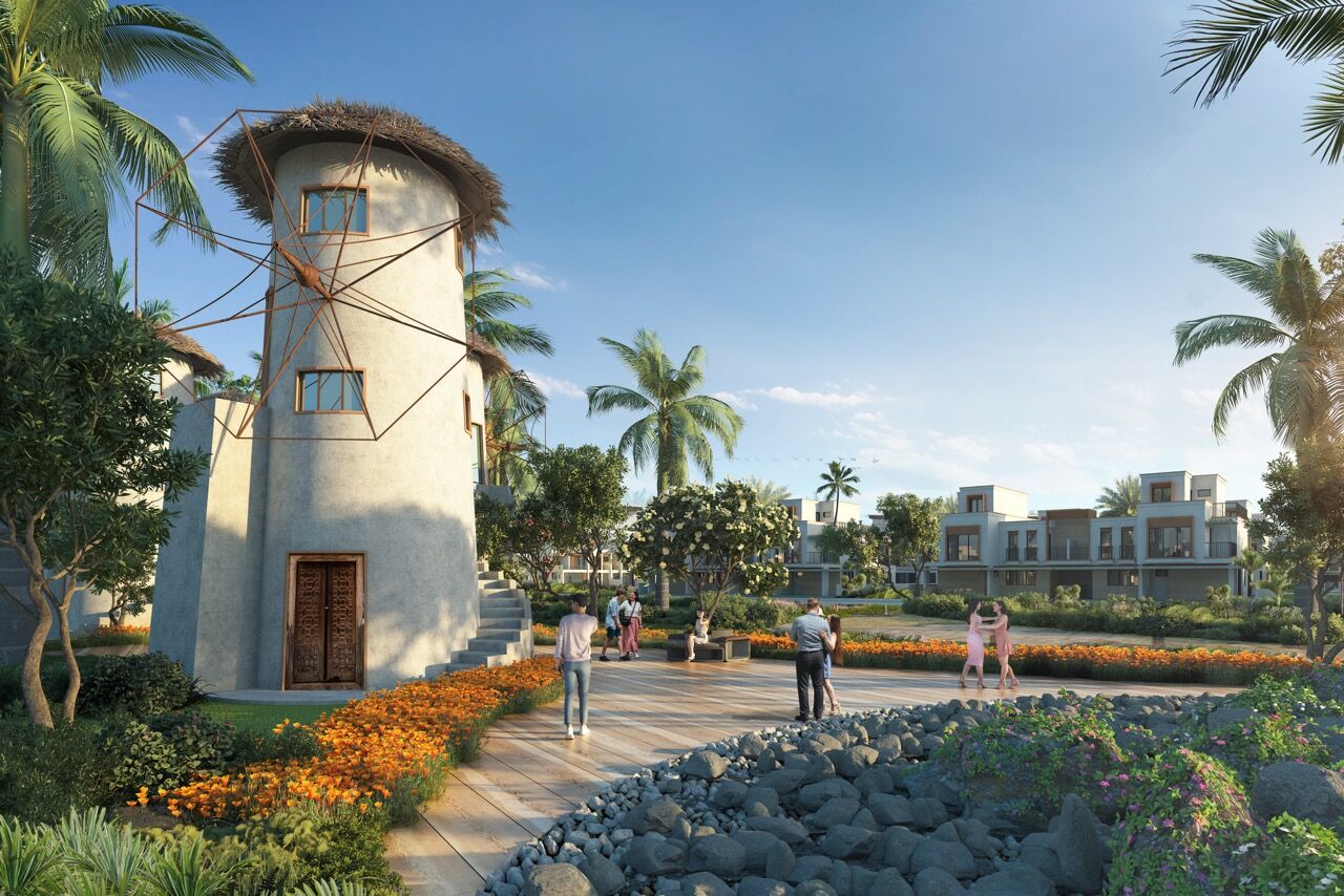 Beautiful Mykonos-inspired lagoon community with tropical landscaping in Dubai.