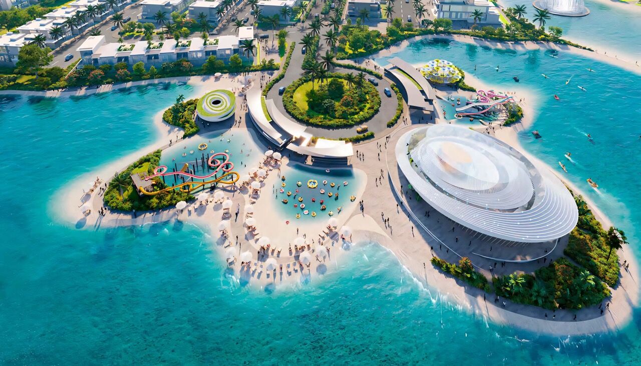 Luxury Dubai island resort with modern architecture and vibrant water features. Luxury Dubai island resort with modern architecture and vibrant water features.