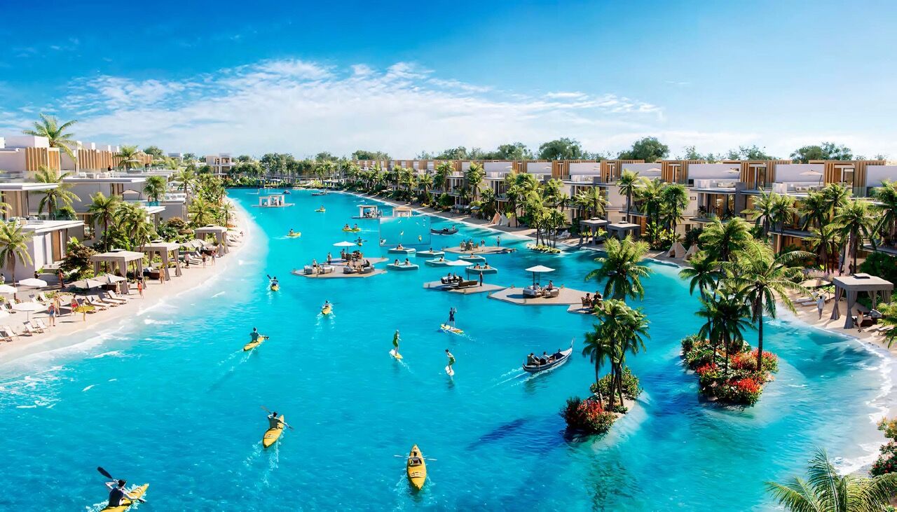 Luxury Dubai Island Resort Secluded island resort in Dubai with private beaches, water activities, and lush tropical landscapin.