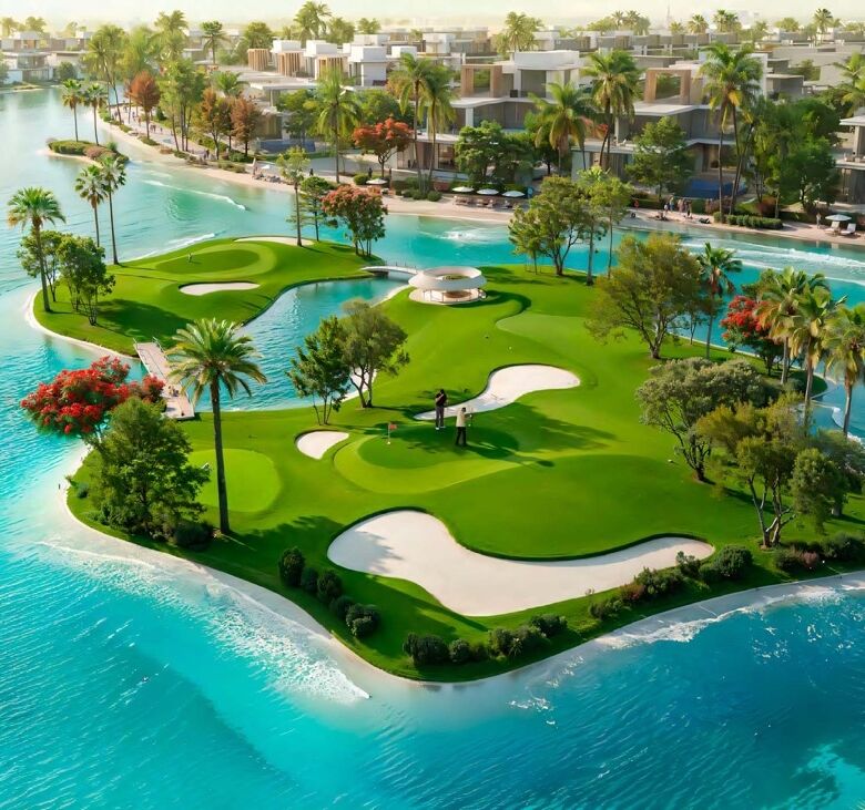 Private island golf course in Dubai with lush greenery and water views.
