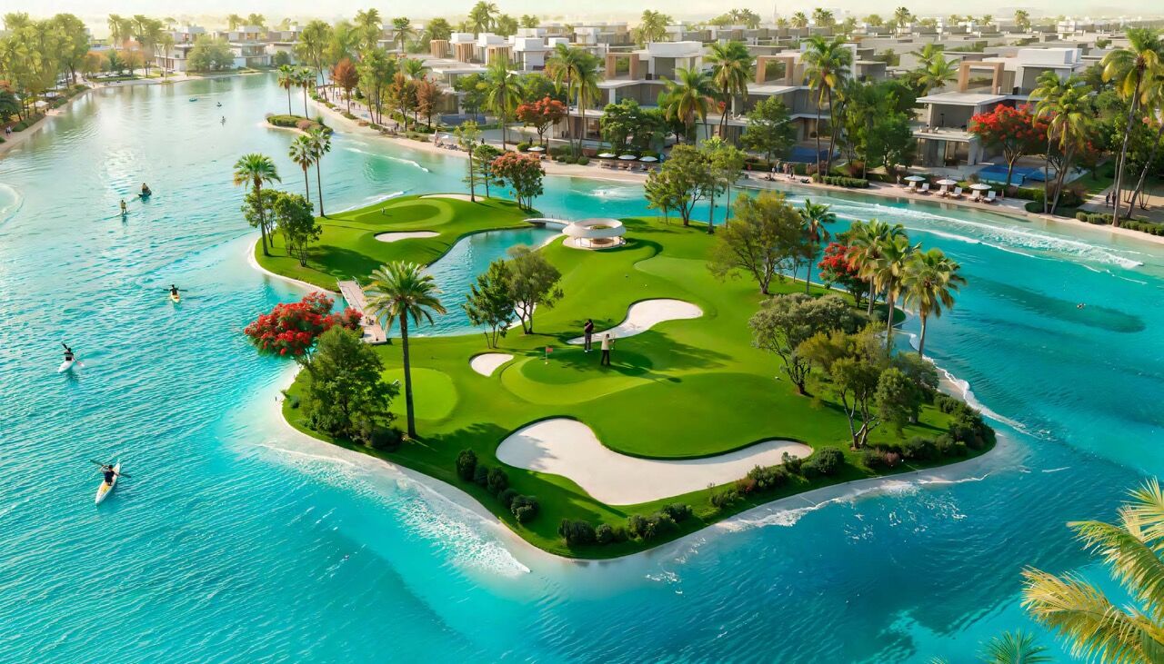 Private island golf course in Dubai with lush greenery and water views.