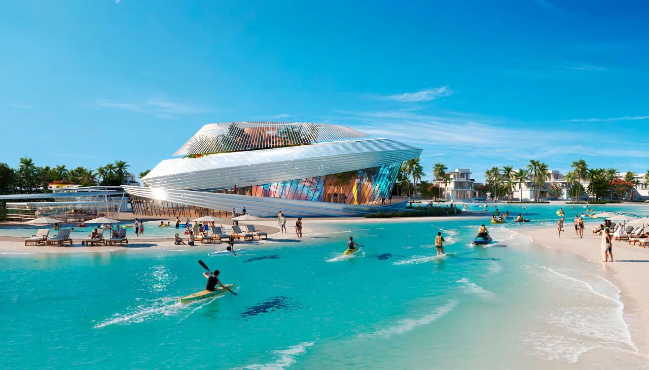 Luxurious Dubai island resort with a futuristic design and clear blue waters.
