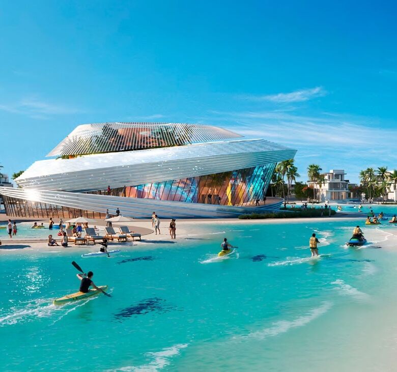 Luxurious Dubai island resort with a futuristic design and clear turquoise waters.