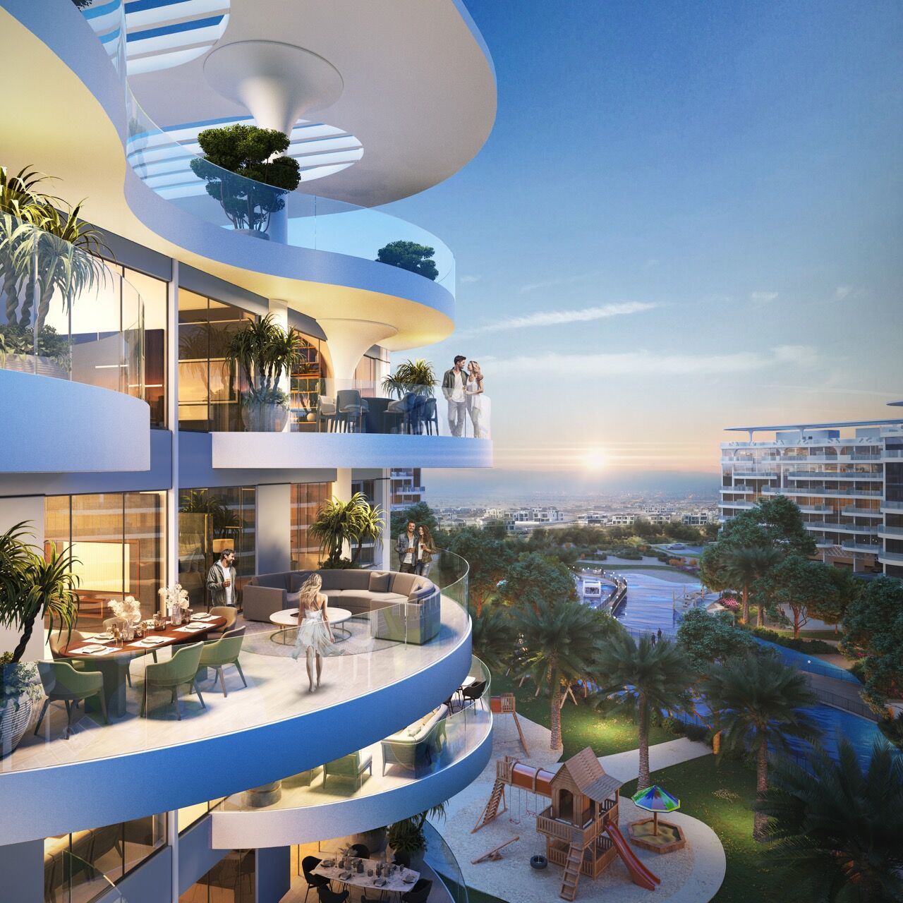 Modern waterfront apartments in Dubai with panoramic lagoon views and stylish outdoor spaces.