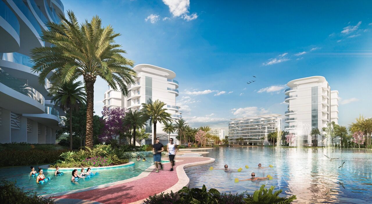 Luxurious waterfront apartments in Dubai inspired by Mediterranean design, overlooking tranquil lago.