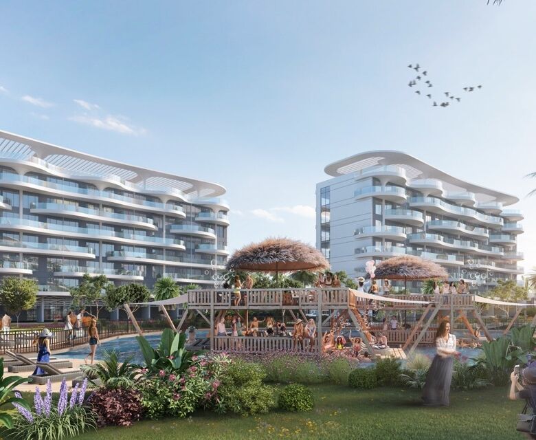 Luxurious waterfront apartments with Mediterranean design in Dubai, offering stunning lagoon views a.