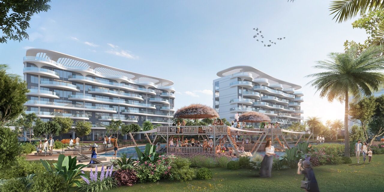 Modern waterfront apartments with Mediterranean design in Dubai overlooking lagoons.