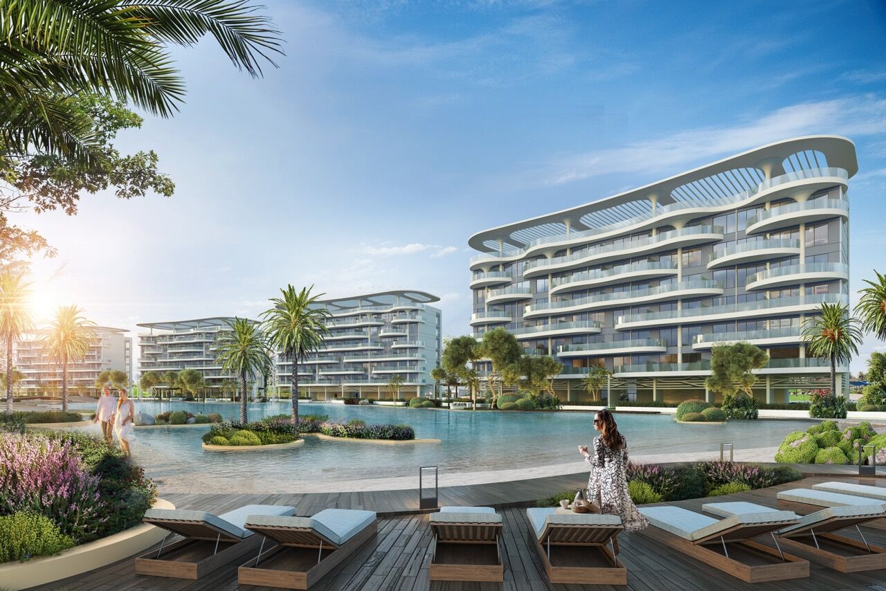 Lagoon-facing apartments with modern design in Dubai's waterfront community.