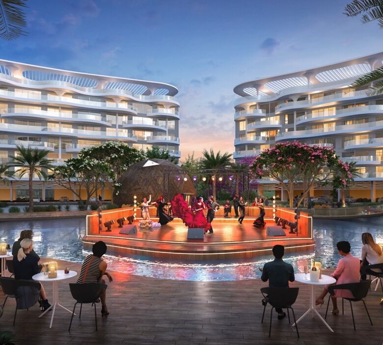 Elegant waterfront apartments overlooking serene lagoons in Dubai. Modern design with outdoor seatin.
