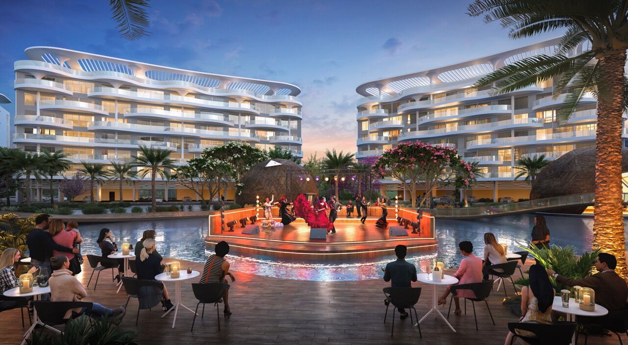 Luxurious waterfront apartments with Mediterranean design in Dubai overlooking tranquil lagoons.