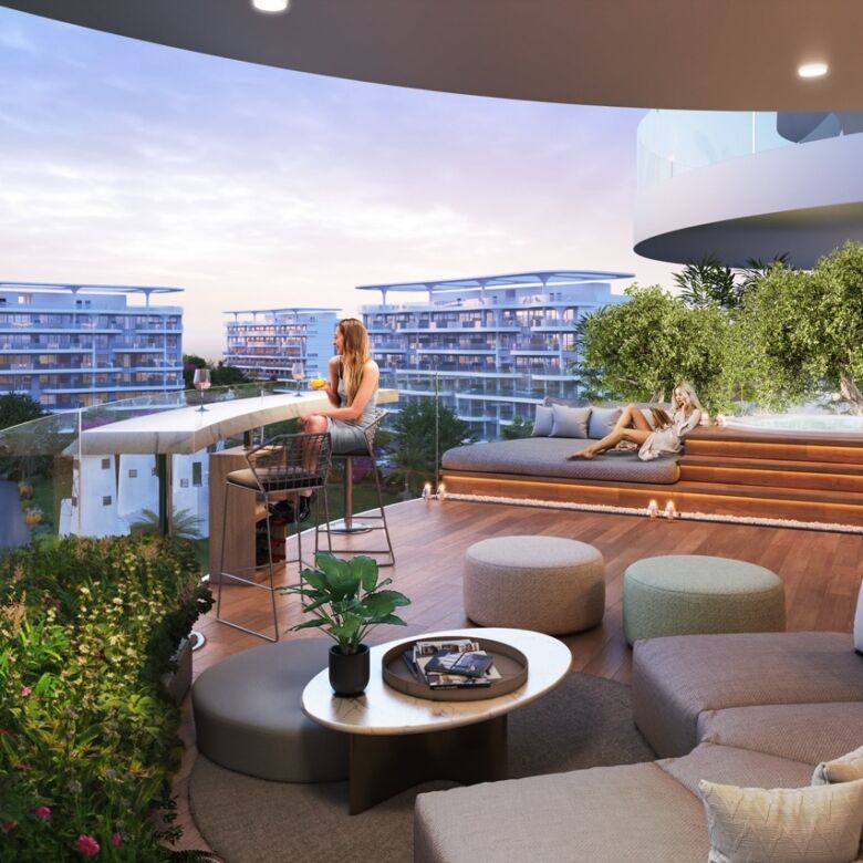 Lagoon-facing apartments in Dubai with modern design and Mediterranean charm, perfect for waterfront.