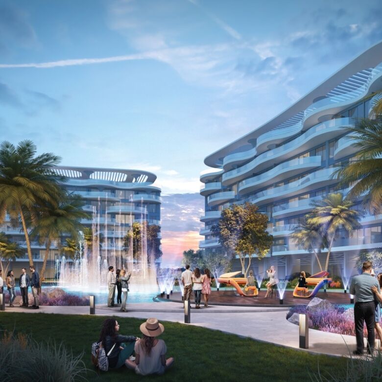 Modern lagoon-facing apartments in Dubai with waterfront views and Mediterranean-inspired design.