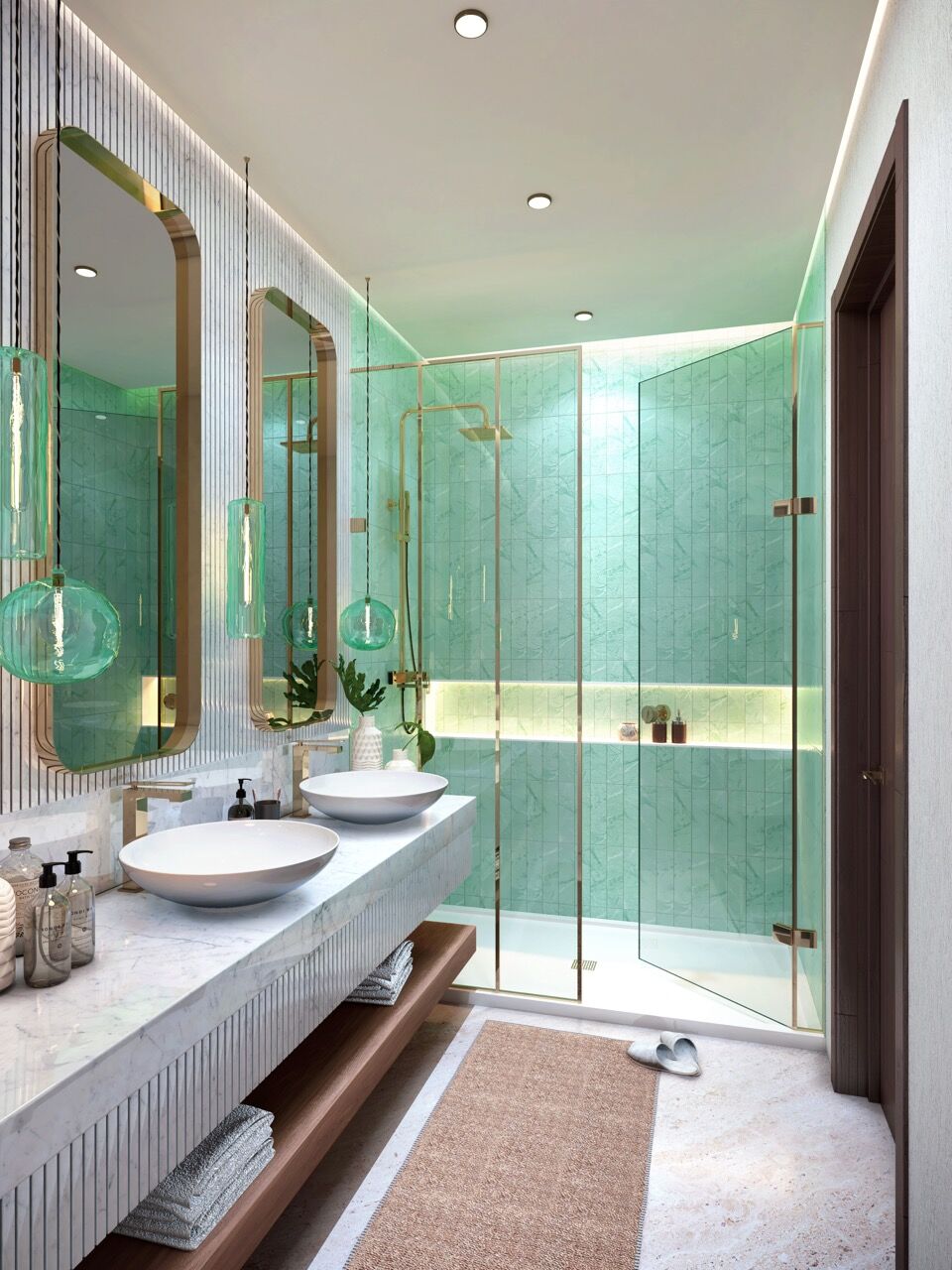 Luxurious bathroom with lagoon views, dual sinks, and contemporary design in Dubai waterfront apartm.