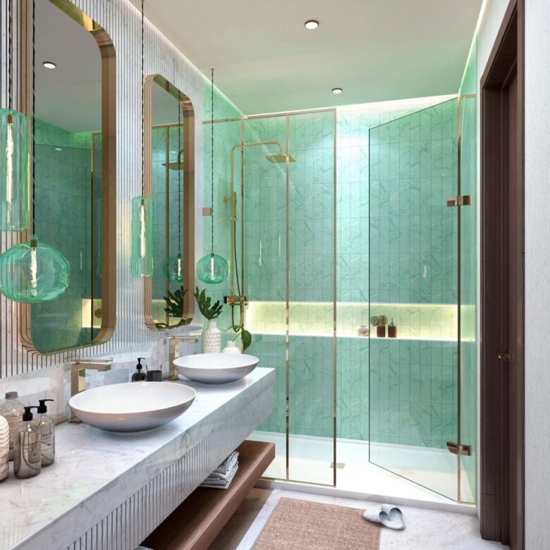 Elegant bathroom featuring dual sinks, large mirrors, and a spacious glass shower.