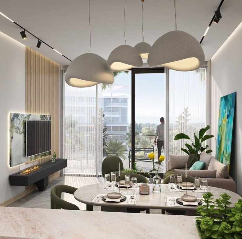 Modern lagoon-facing apartment in Dubai with stylish decor and large windows overlooking water.